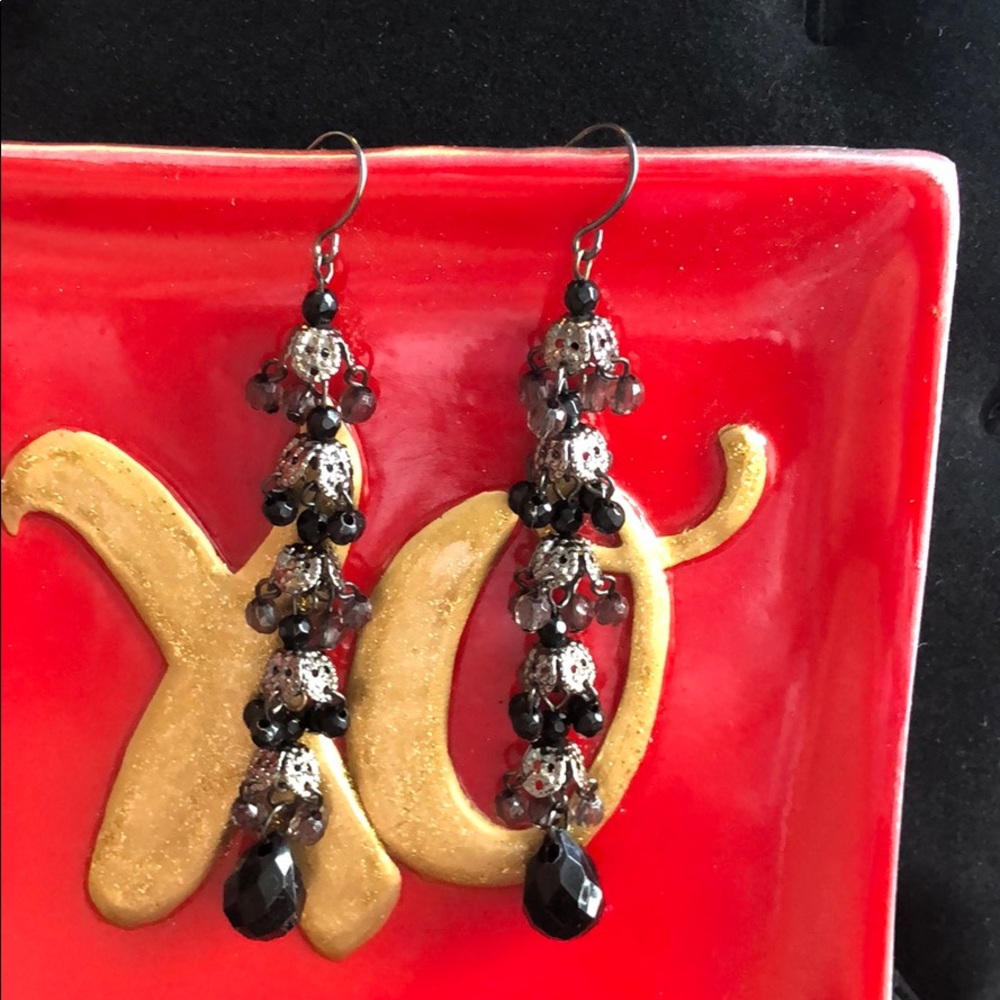 Black antique silver dangling earrings with hoops